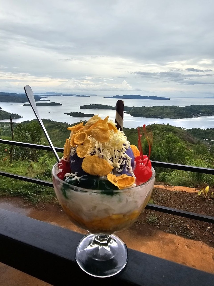 Halo-halo served at the railing, the islands and sea behind it